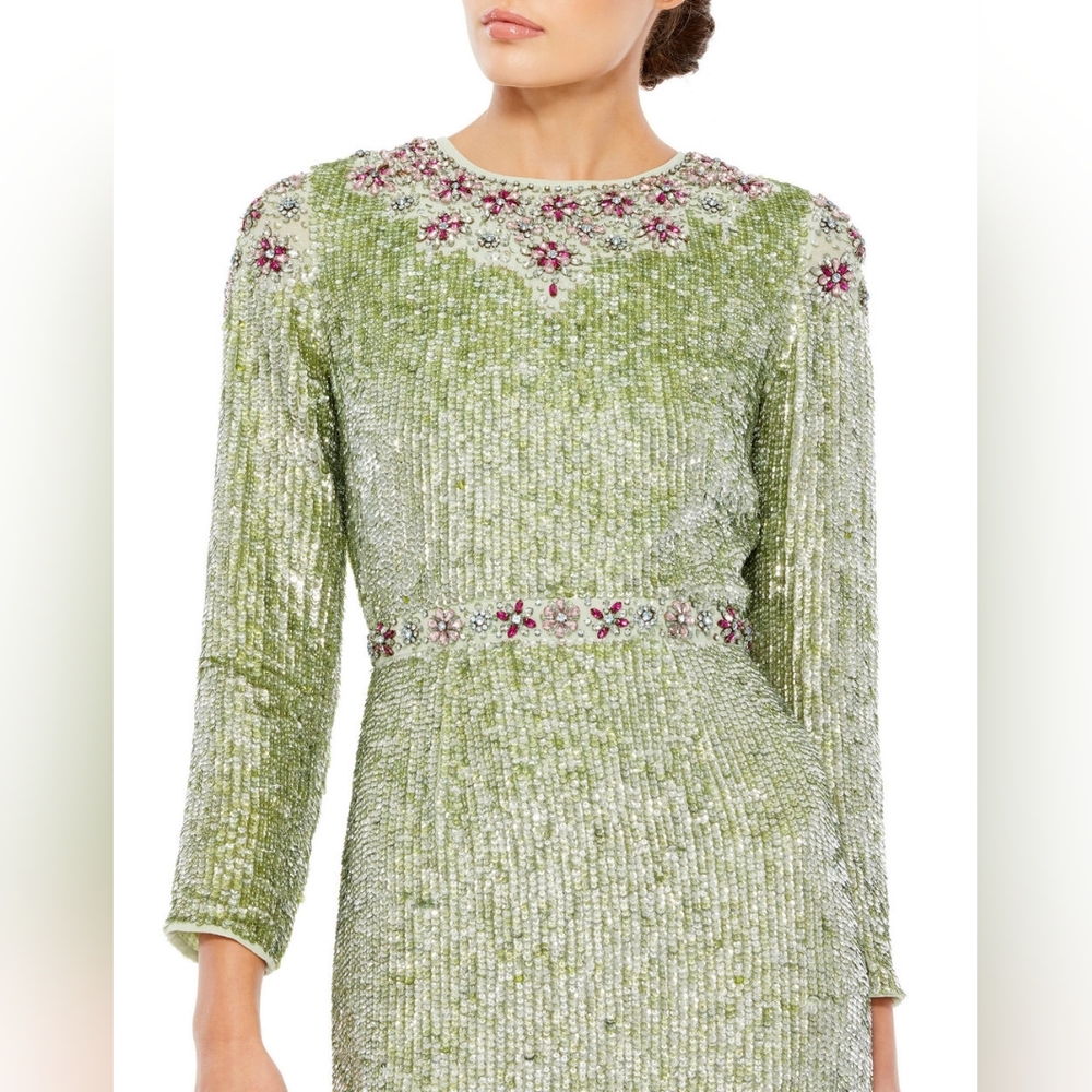 Mac Duggal Sage Sequin Dress with Bishop Sleeves - Picture 2 of 6